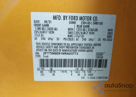 2022 Ford Maverick Xlt из США, поврежденный, VIN 3FTTW8E91NRA03773